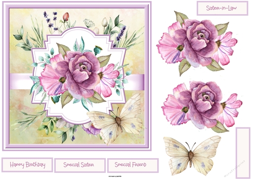 Purple flowers and butterfly 7x7
