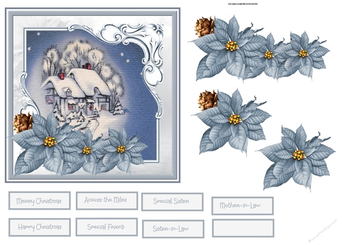 Vintage house and blue poinsettia 6x6