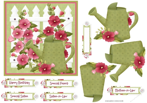 Hollyhock and watering can 6x6