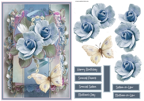 Blue vintage rose and butterfly A5 card