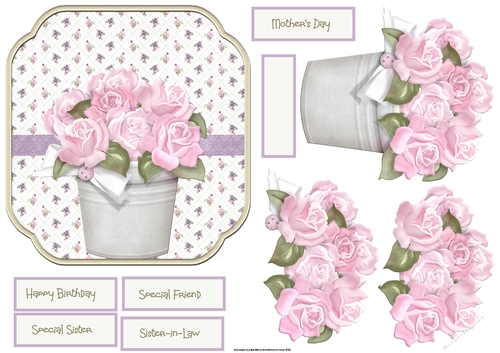 Pot of pink roses shaped 6x6
