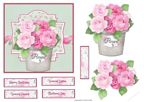 Pot of pink roses 6x6