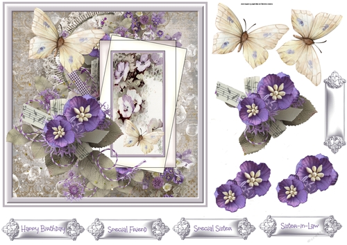 Purple flowers and butterfly 7x7