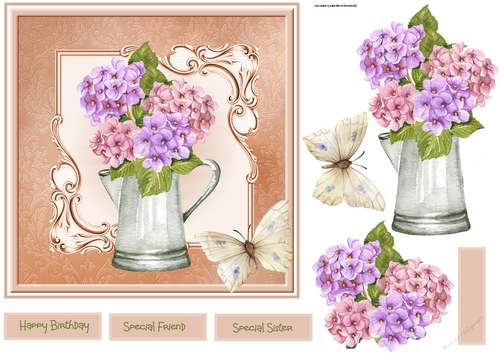 Jug of Hydrangeas and butterfly 7x7