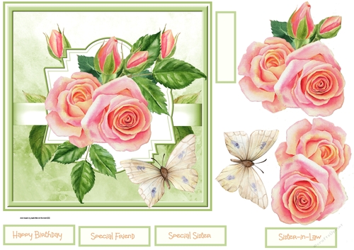 Pink rose and butterfly 7x7