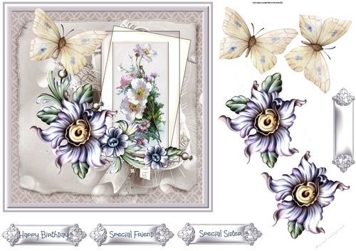 Purple flowers and butterfly 7x7