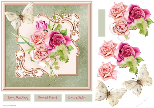 Rose blooms and butterfly 7x7