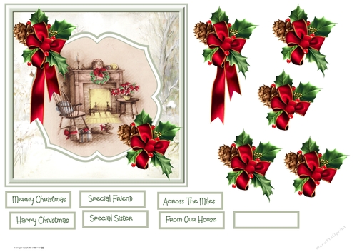 Christmas fireplace and holly 6x6