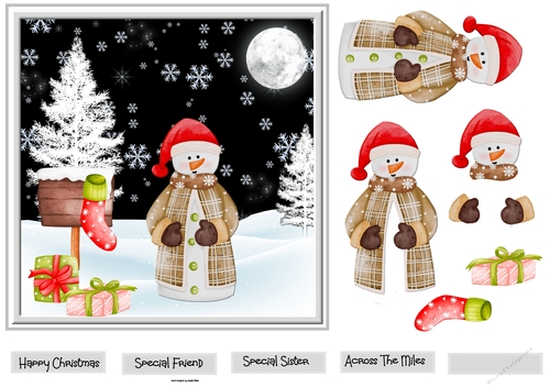 Snowman, gifts and stocking 7x7