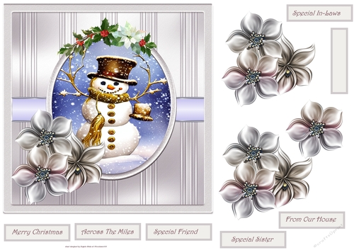 Snowman and frosted flowers 7x7