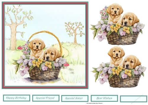 Puppies in a basket of flowers 7x7