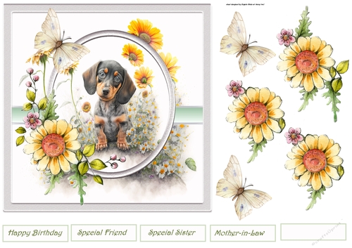 Baby Dachshund and flowers 7x7