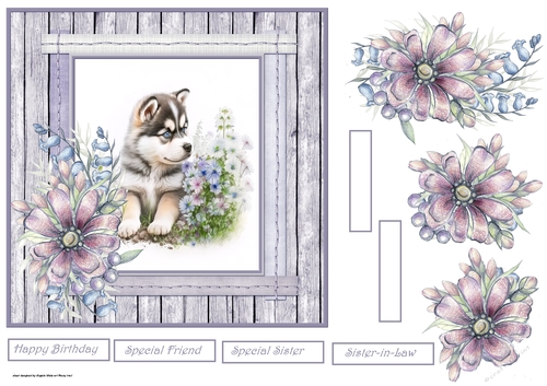 Baby Malamute dog and flowers 7x7