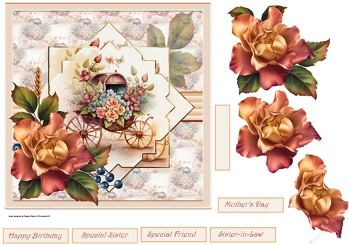 Flower cart and vintage rose 7x7
