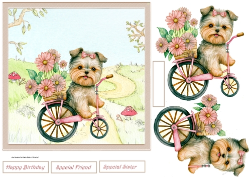 Cute dog on a bike with flowers 7x7