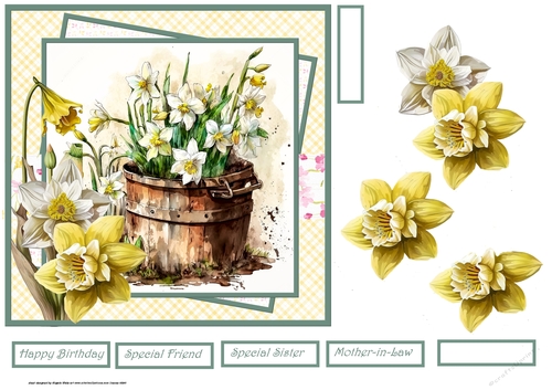 Wood pot of daffodils 7x7