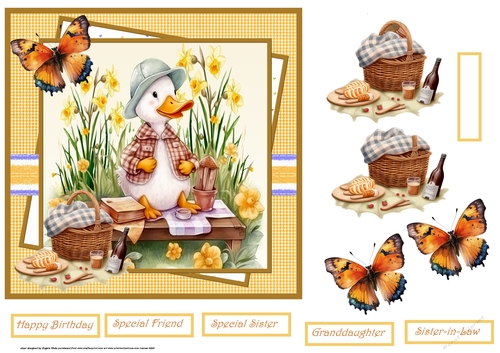 Duck on a picnic with flowers and butterfly 7x7