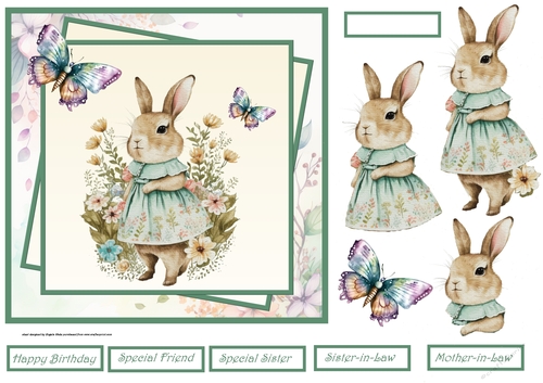 Vintage bunny and butterfly 7x7