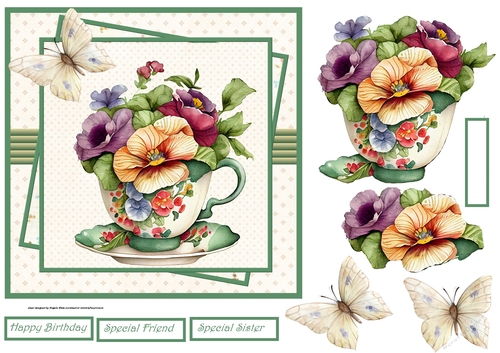Cup of pansy and butterfly 7x7