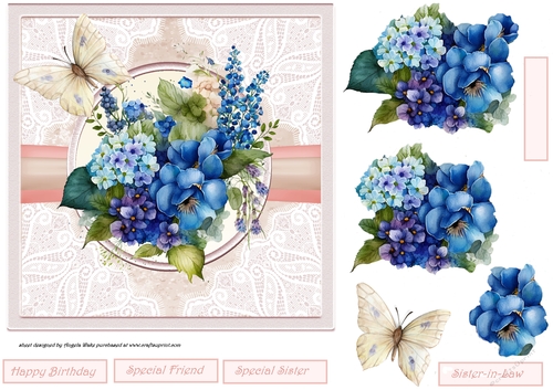 Blue mixed flowers and butterfly 7x7