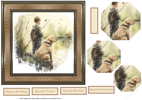 Boy fishing with his dog 7x7