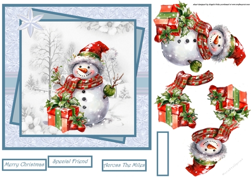 Snowman and gifts in the field 7x7