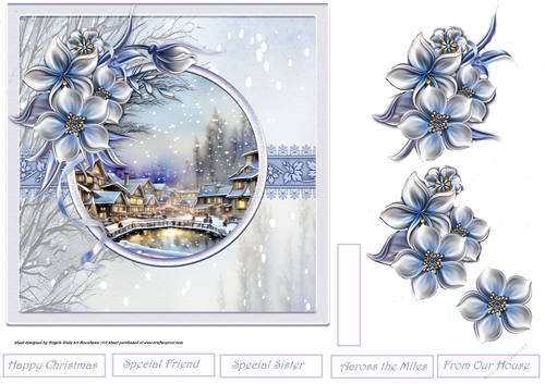 Christmas village  and winter flowers 7x7
