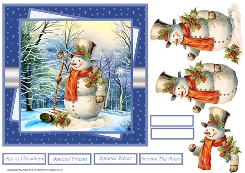 Vintage snowman and holly 7x7