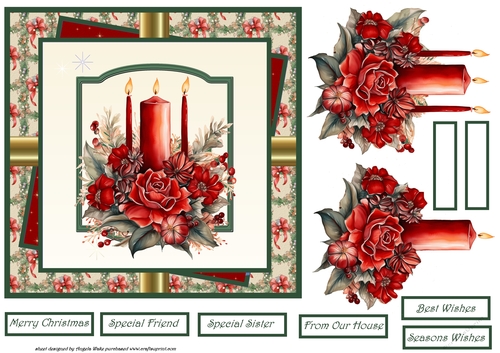 Christmas roses and red candles 7x7