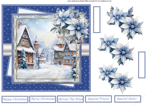Christmas scene with blue poinsettias 7x7