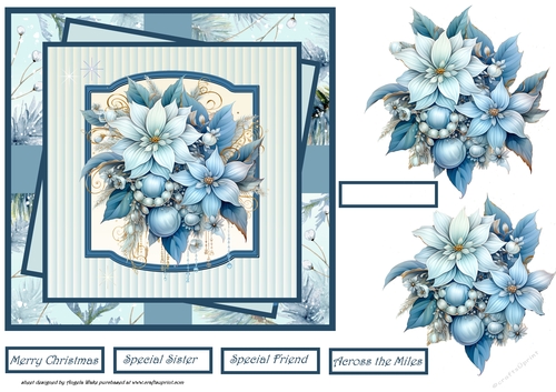 Blue poinsettia and baubles 7x7