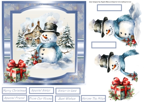 Snowman in the garden with a gift 7x7