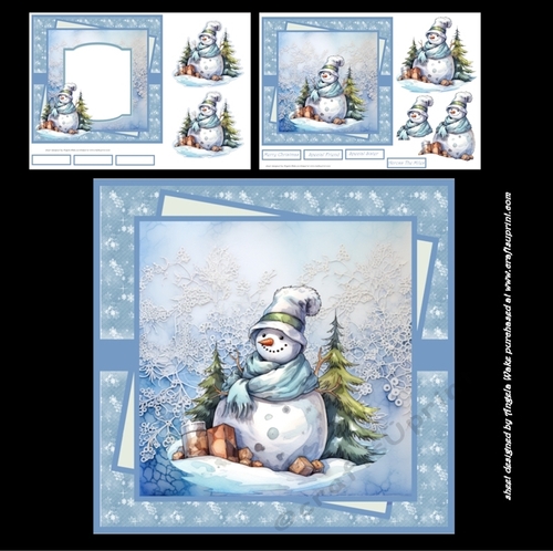 Snowman and trees 7x7 card with sentiment tiles and decoupage, insert and gift tags