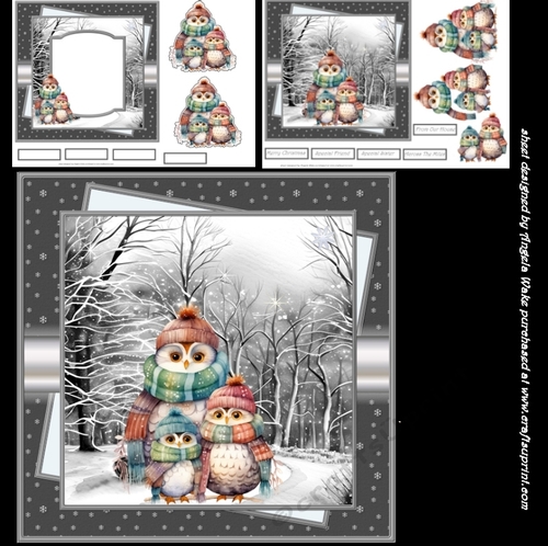 Owl family 7x7 card with decoupage and sentiment tiles, insert and gift tags