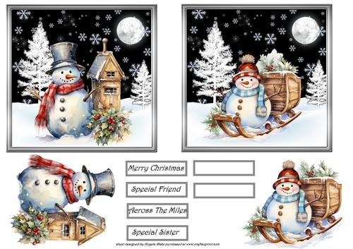 Vintage snowman 5x5 cards with toppers and sentiment tiles