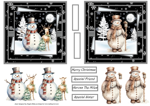 Snowman and deer 5x5 cards with decoupage and sentiment tiles