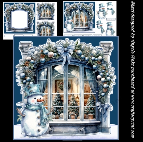 Snowman and baubles,  at window 7x7 card, insert and shaped gift tags