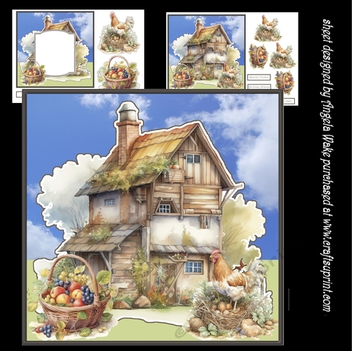 farmhouse 7x7 card with sentiment tiles and decoupage, insert and gift tags