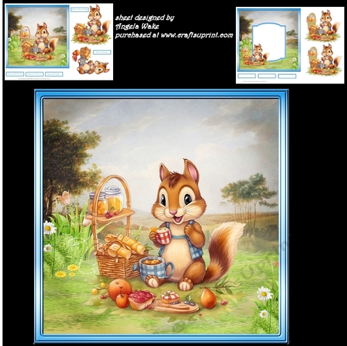 Chipmunk picnic 7x7 with sentiment tiles and decoupage, insert, gift tags