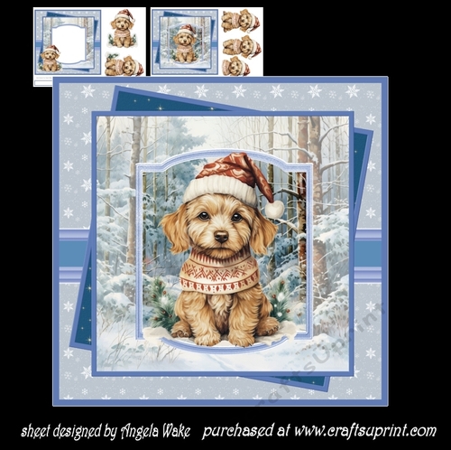 Cockerpoo with his Santa hat 7x7, sentiment tiles, decoupage, insert and gift tags
