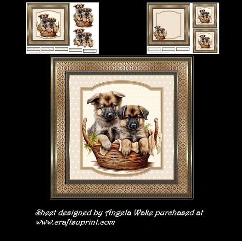 German shepherd puppies 7x7card, sentiment tiles, decoupage, insert and toppers