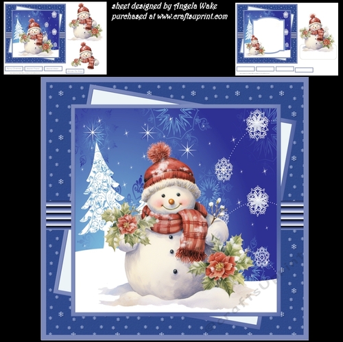 Snowman with flowers 7x7, sentiment tiles,decoupage, insert and shaped card topper