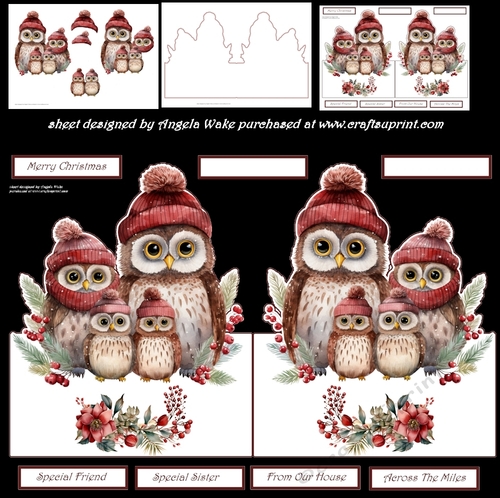 Owl family  shaped card , sentiment tiles, decoupage and preview