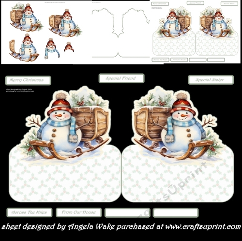 Snowman on a sledge shaped card , sentiment tiles, decoupage and insert