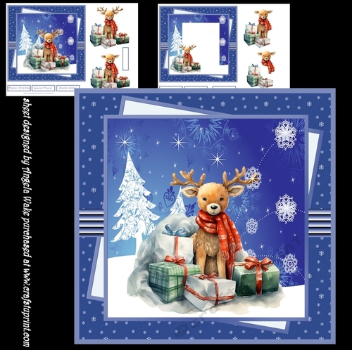 Reindeer and gifts 7x7 card, decoupage, sentiment tiles, insert and decoupage
