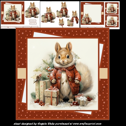 Christmas squirrel 7x7, sentiment tiles, decoupage, insert and gift cards