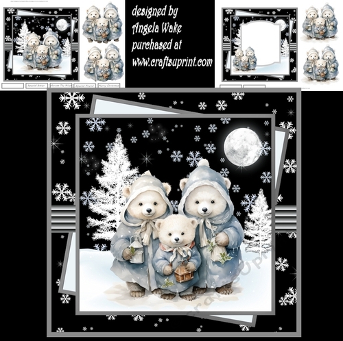 Polar bear family 7x7 card with decoupage and sentiment tiles, insert and gift tags