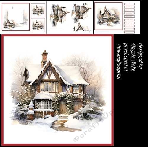 House in the snow, 7x7 card with sentiment tiles, decoupage, insert and gift cards