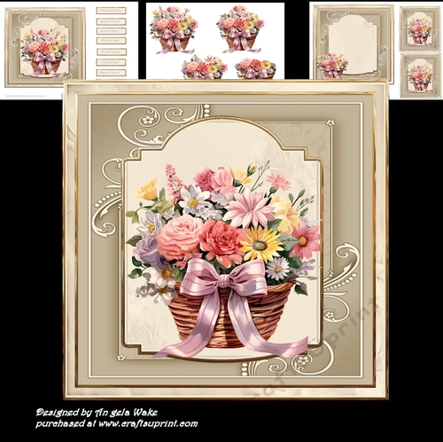 Basket of mixed flowers 7x7, sentiment tiles, decoupage, insert and gift cards