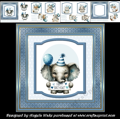 Birthday animals 7x7 card, decoupage, toppers, insert, sentiment tiles